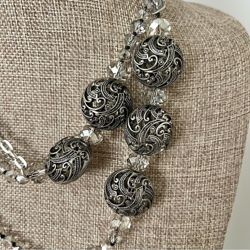 Vintage Opera Length Filigree and Hand Knotted Smokey Grey Crystal Beads - Picture 7 of 13
